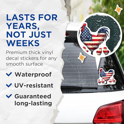 (2 Pack) Patriotic Rooster Stickers - American Rooster and Chicks - USA Flag Animal Stickers - 5" On Longest Side - Sticks to Smooth Flat Surfaces - Made in USA - BMCS7132