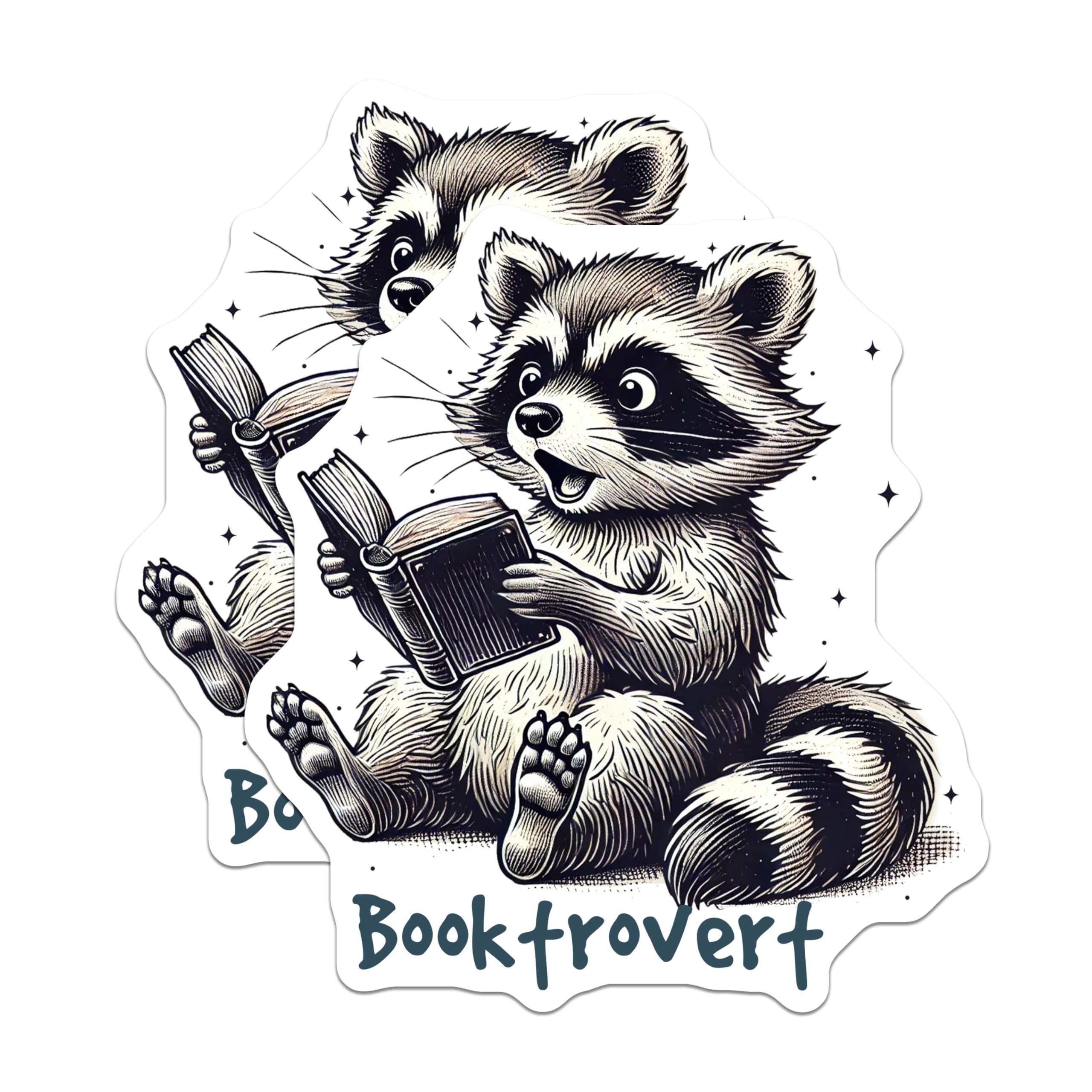 (2 Pack) Booktrovert Stickers - Cute Raccoon - Book Lover Sticker - Adorable Reading Raccoon - Bookworm Decor - 5" On Longest Side - Sticks to Smooth Flat Surfaces - Made in USA - BMCS6867