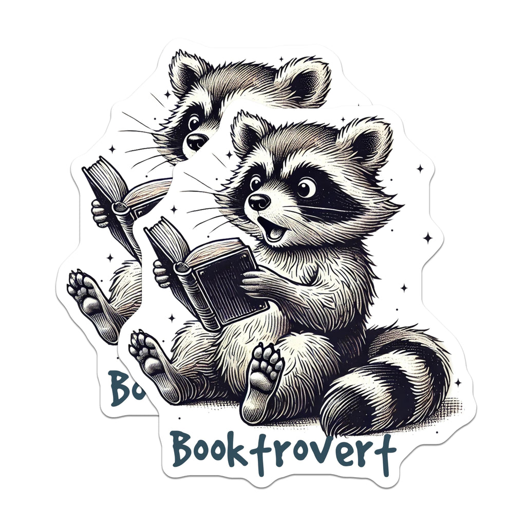 (2 Pack) Booktrovert Stickers - Cute Raccoon - Book Lover Sticker - Adorable Reading Raccoon - Bookworm Decor - 5" On Longest Side - Sticks to Smooth Flat Surfaces - Made in USA - BMCS6867