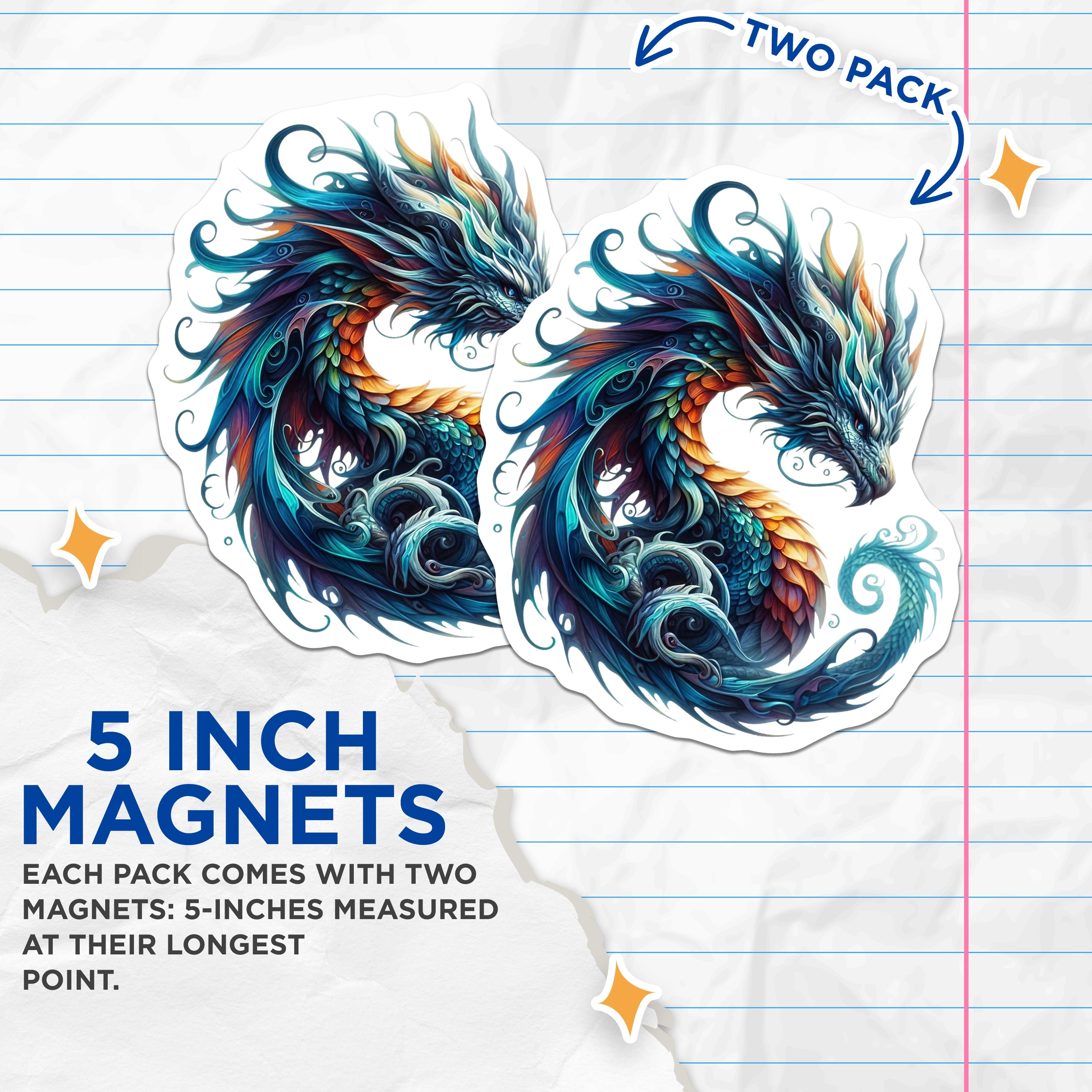 (2 Pack) Colorful Dragon Magnets - Fantasy Art Decor - Mythical Creature Gifts - 5 Inches On Longest Side - Thick Durable Magnet - Made in USA - MAG37652