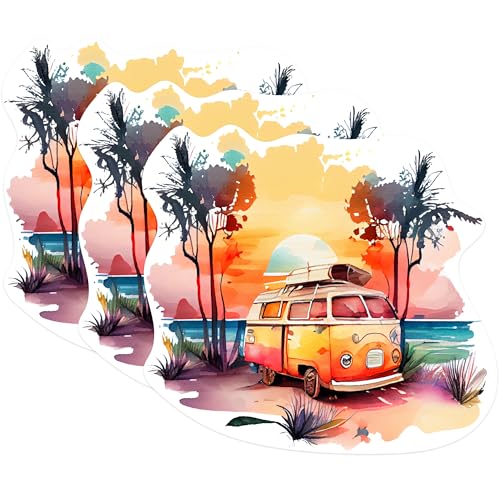 (3 Pack) Surf Van Decals - Watercolor Beach Van - Retro Van Stickers - 3 Inches On Longest Side - Easy Peel & Apply - Made in USA - 3MCS1191