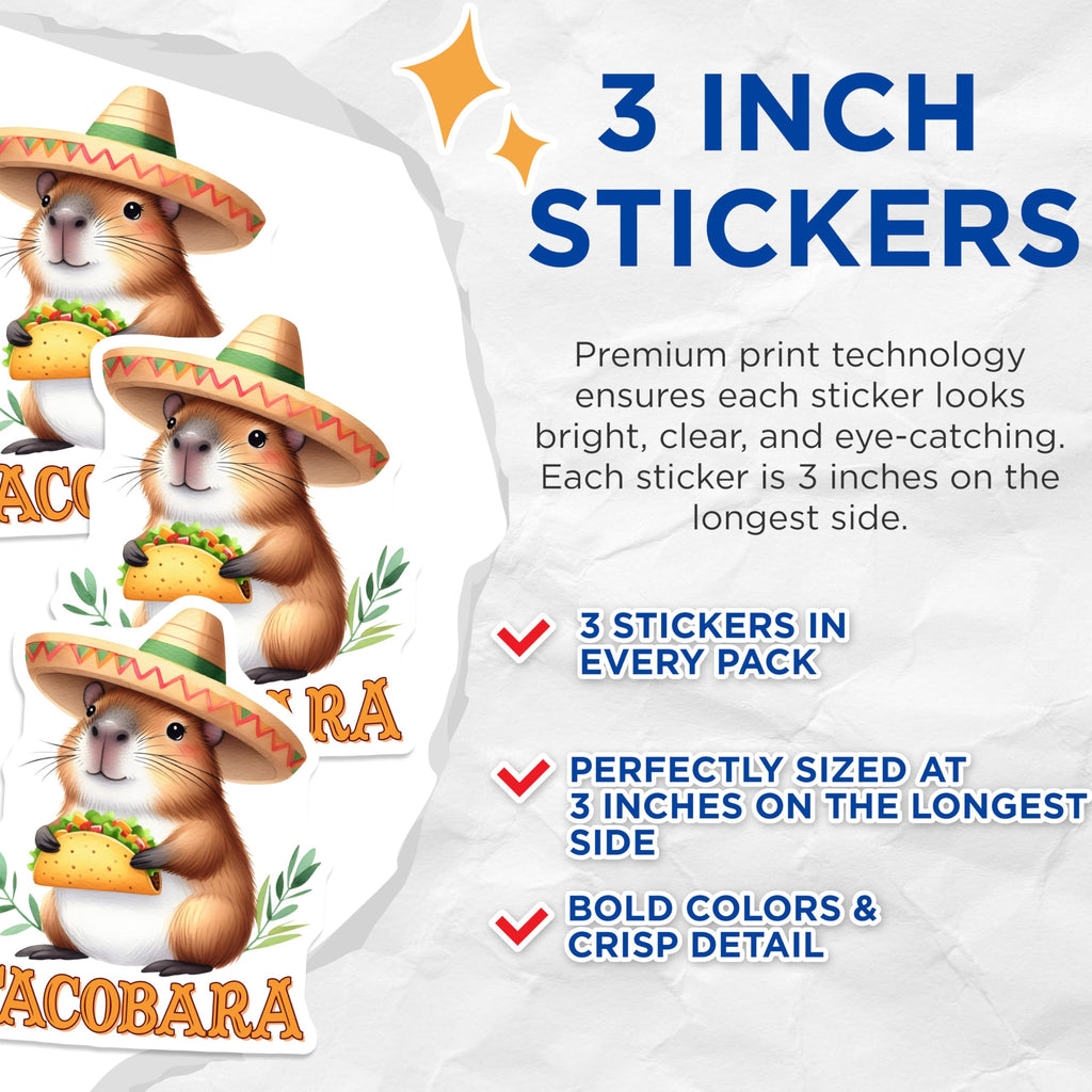 (3 Pack) Tacobara Decals - Capybara Taco Lover - Funny Foodie Decals - 3 Inches On Longest Side - Easy Peel & Apply - Made in USA - 3MCS2037