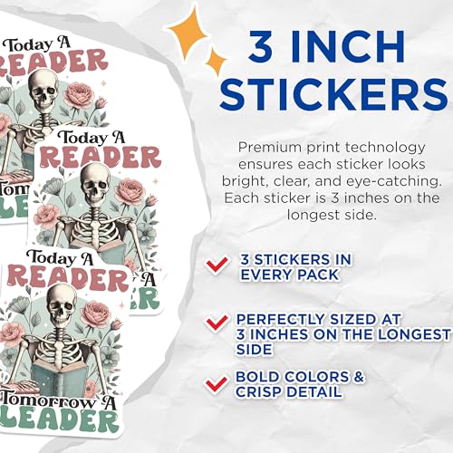 (3 Pack) Today A Reader Decals - Tomorrow A Leader - Skeleton Book Stickers- 3 Inches On Longest Side - Easy Peel & Apply - Made in USA - 3MCS5308
