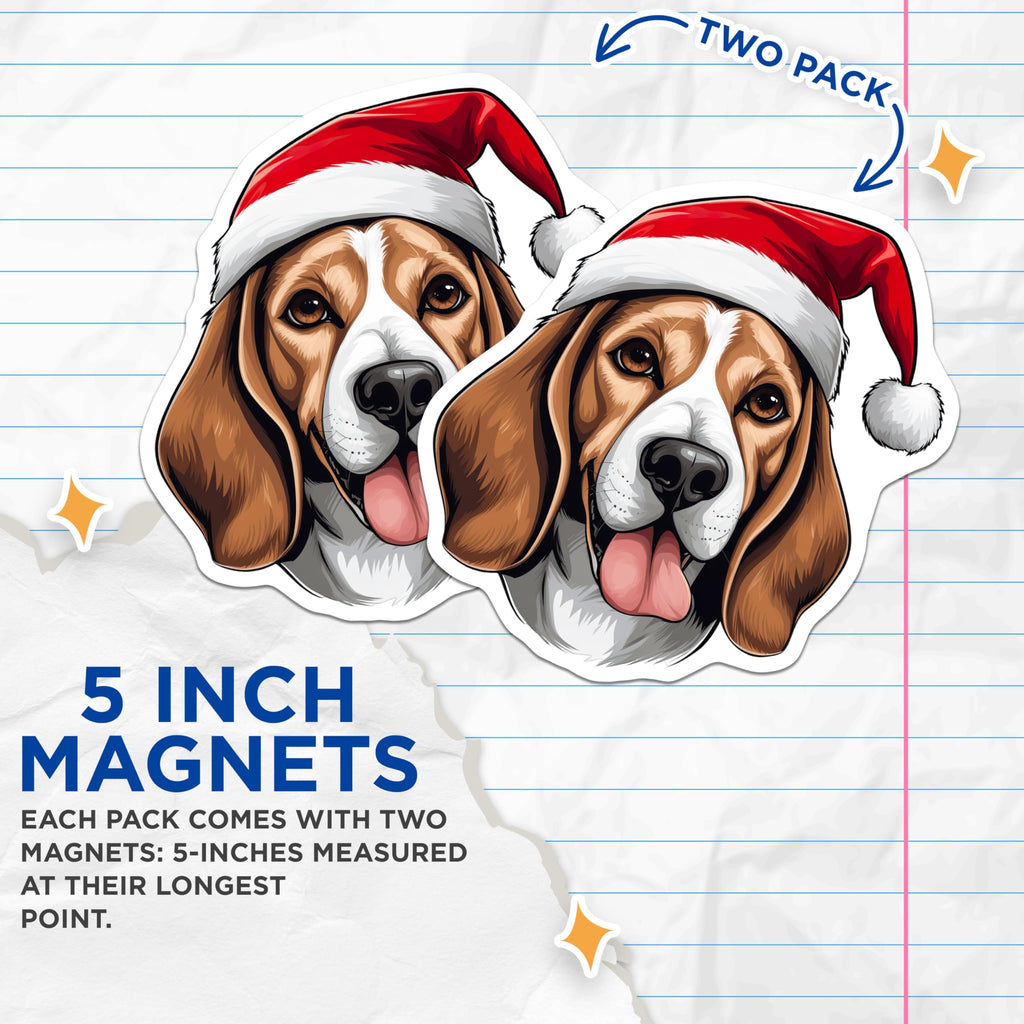 (2 Pack) Beagle Christmas Magnets - Dog Santa Hat Decor - Pet Holiday Fridge Decal - 5 Inches On Longest Side - Thick Durable Magnet - Made in USA - MAG30410