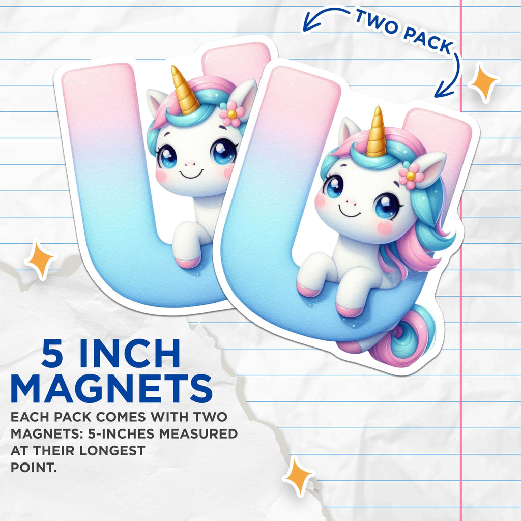 (2 Pack) Unicorn Letter U Magnets - Alphabet Initial Refrigerator Magnets - Cute Kids Decor - 5" On Longest Side - Premium Magnet - for Cars, Refrigerators, Toolboxes, Lockers - Made in USA - MAG14983