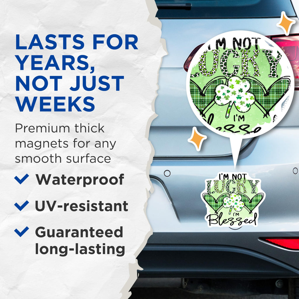 (2 Pack) Blessed Not Lucky Magnets - St Patricks Day Irish Decor - Green Leopard Print Shamrock Plaid Hearts - 5 Inches On Longest Side - Thick Durable Magnet - Made in USA - MAG20798
