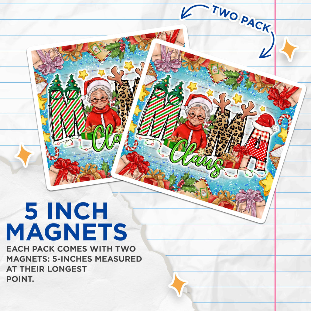 (2 Pack) Mama Claus Magnets - Mrs Claus Christmas Decorations - Holiday Kitchen Mom Grandma - 5 Inches On Longest Side - Thick Durable Magnet - Made in USA - MAG28619