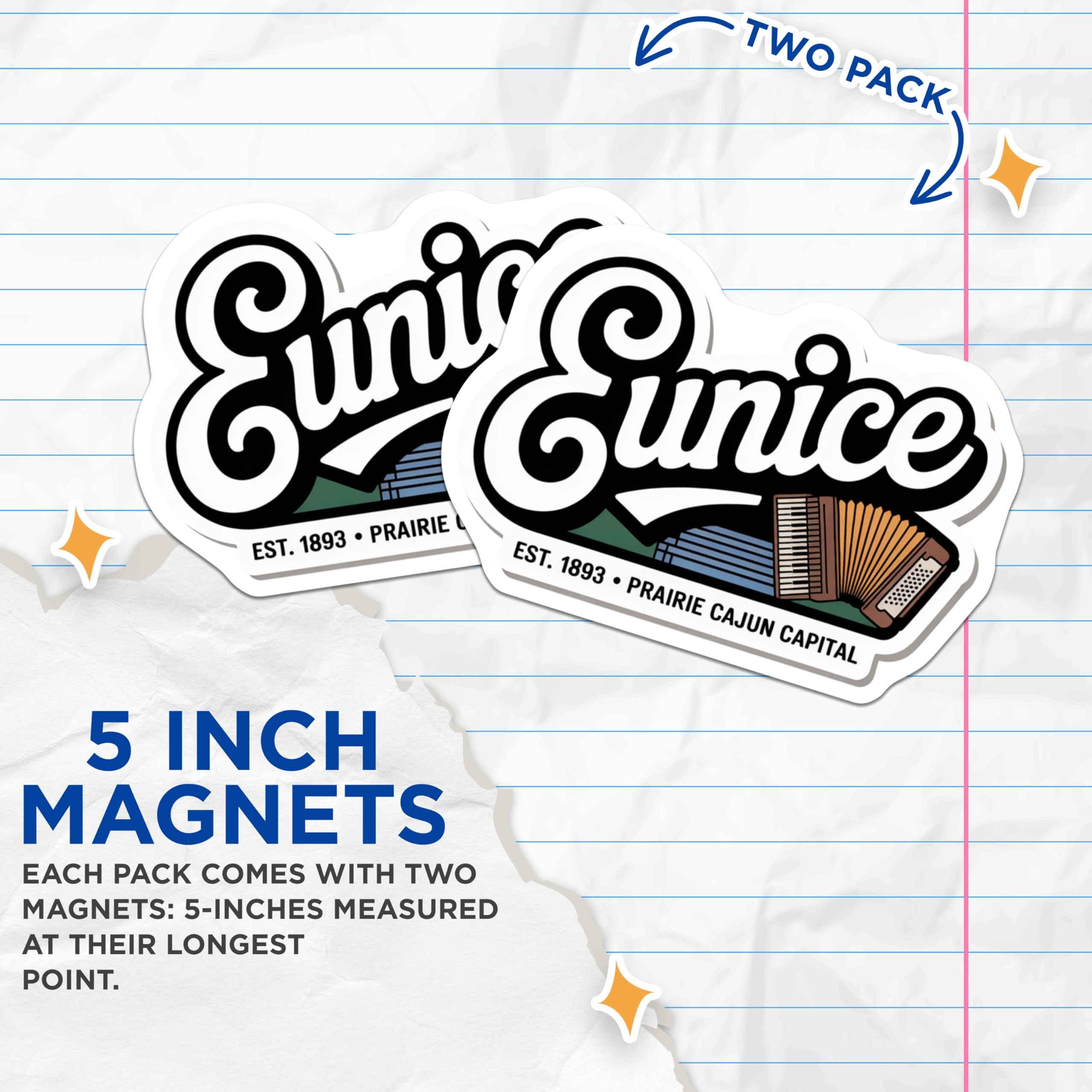 (2 Pack) Eunice Louisiana Magnets - Cajun Capital Design - Accordion Illustration - 5" On Longest Side - Premium Magnet - for Cars, Refrigerators, Toolboxes, Lockers - Made in USA - MAG18178