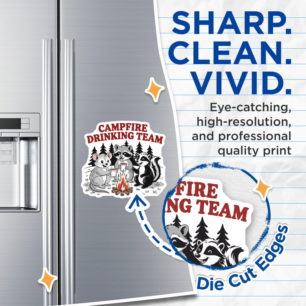(2 Pack) Campfire Drinking Team Magnets - Funny Woodland Creatures - Raccoon Skunk Mouse Camping Decor - 5 Inches On Longest Side - Thick Durable Magnet - Made in USA - MAG21964