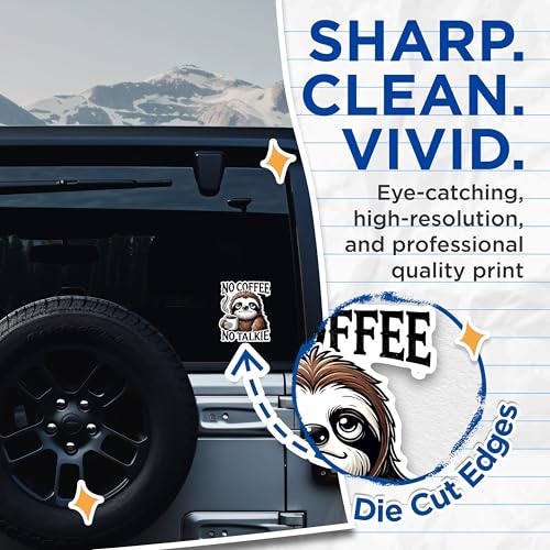 (2 Pack) Funny No Coffee No Talkie Stickers - Sloth Coffee Meme Stickers - Cute Animal Sloth Stickers - 5" On Longest Side - Sticks to Any Smooth Flat Surface - Made in USA - BMCS2776
