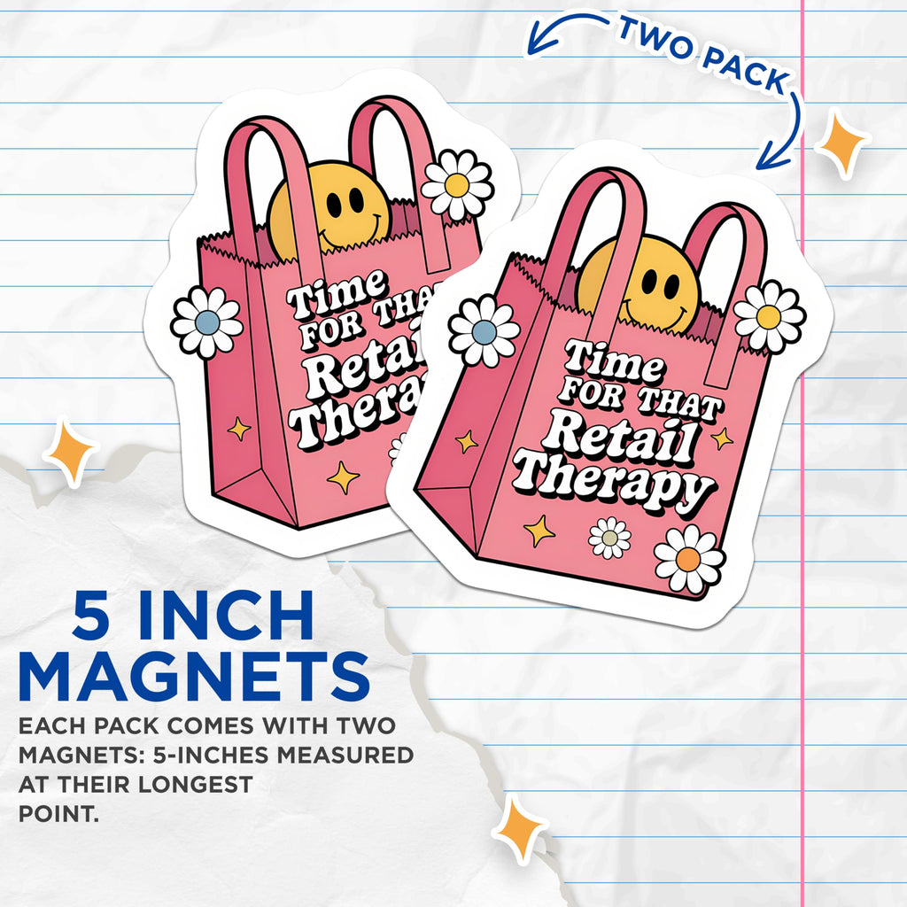 (2 Pack) Retail Therapy Magnets - Pink Shopping Bag Smiley Face Daisies - Humorous Trendy Groovy Aesthetic Decor For Shoppers - 5 Inches On Longest Side - Thick Durable Magnet - Made in USA - MAG20714