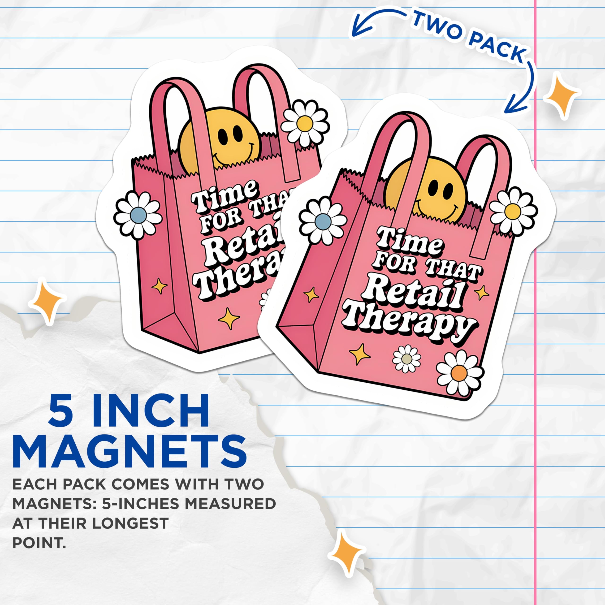 (2 Pack) Retail Therapy Magnets - Pink Shopping Bag Smiley Face Daisies - Humorous Trendy Groovy Aesthetic Decor For Shoppers - 5 Inches On Longest Side - Thick Durable Magnet - Made in USA - MAG20714