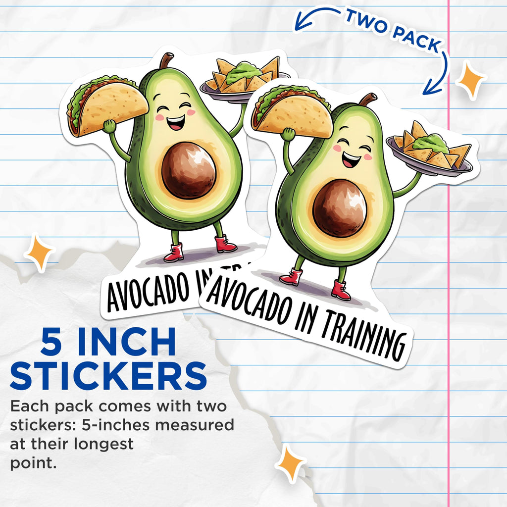 (2 Pack) Funny Avocado Stickers - Cute Food Art - Kawaii Avocado Sticker Pack - 5" On Longest Side - Sticks to Smooth Flat Surfaces - Made in USA - BMCS8390