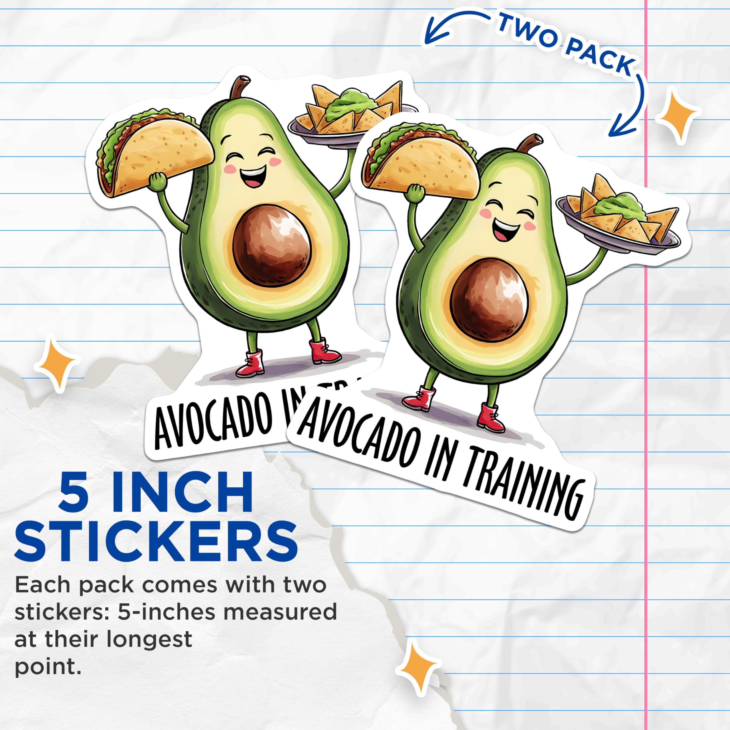 (2 Pack) Funny Avocado Stickers - Cute Food Art - Kawaii Avocado Sticker Pack - 5" On Longest Side - Sticks to Smooth Flat Surfaces - Made in USA - BMCS8390
