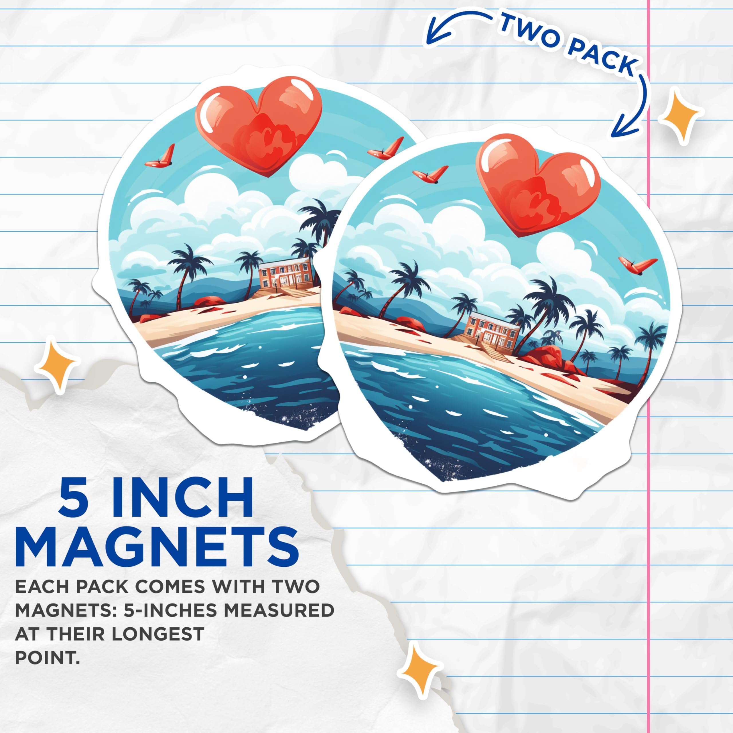 (2 Pack) Heart Tropical Beach Magnets - Romantic Island Getaway - Palm Tree Oceanfront Views - 5 Inches On Longest Side - Thick Durable Magnet - Made in USA - MAG19897