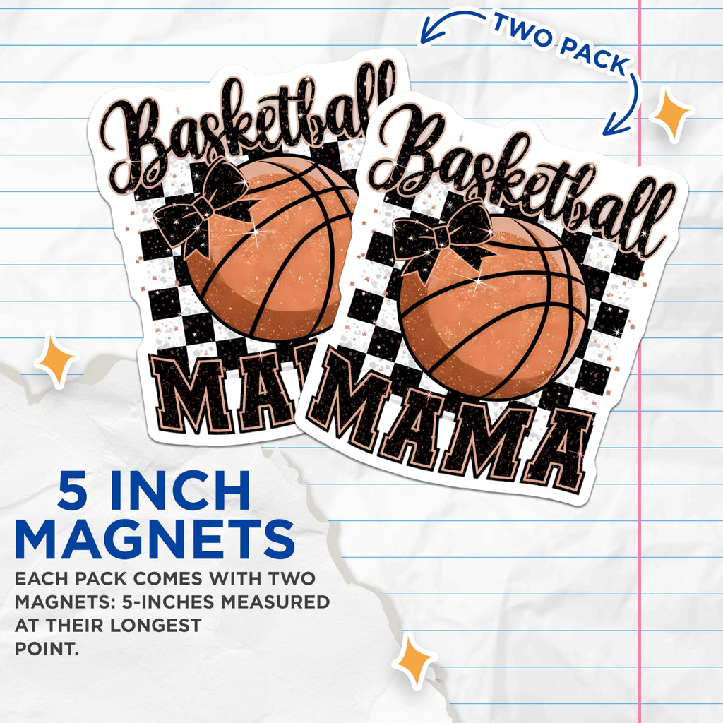 (2 Pack) Basketball Mama Magnets - Cheerful Sports Mom Vehicle Decals - Sparkling Game Day Decorations - Team Spirit Fan - 5 Inches On Longest Side - Thick Durable Magnet - Made in USA - MAG23067