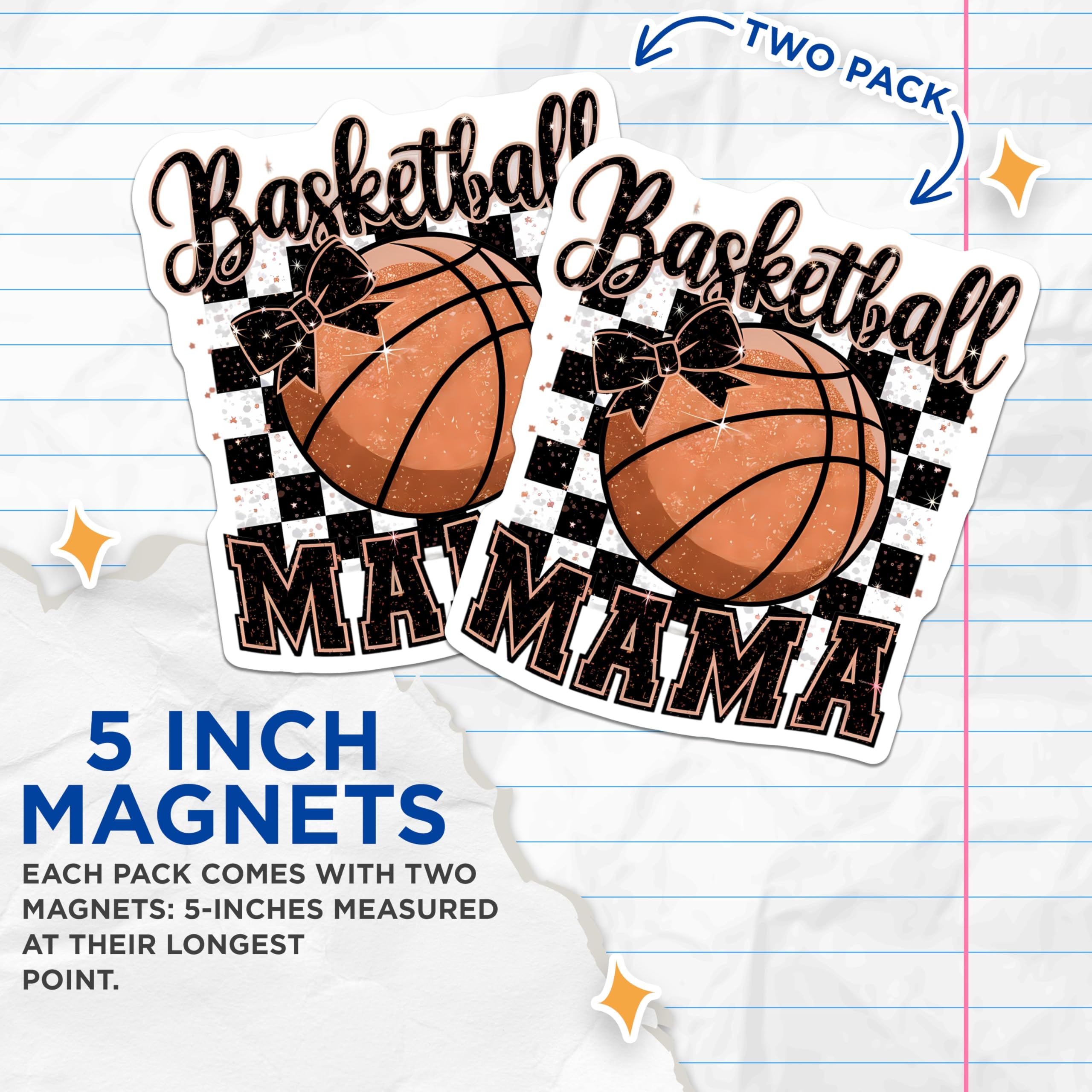(2 Pack) Basketball Mama Magnets - Cheerful Sports Mom Vehicle Decals - Sparkling Game Day Decorations - Team Spirit Fan - 5 Inches On Longest Side - Thick Durable Magnet - Made in USA - MAG23067