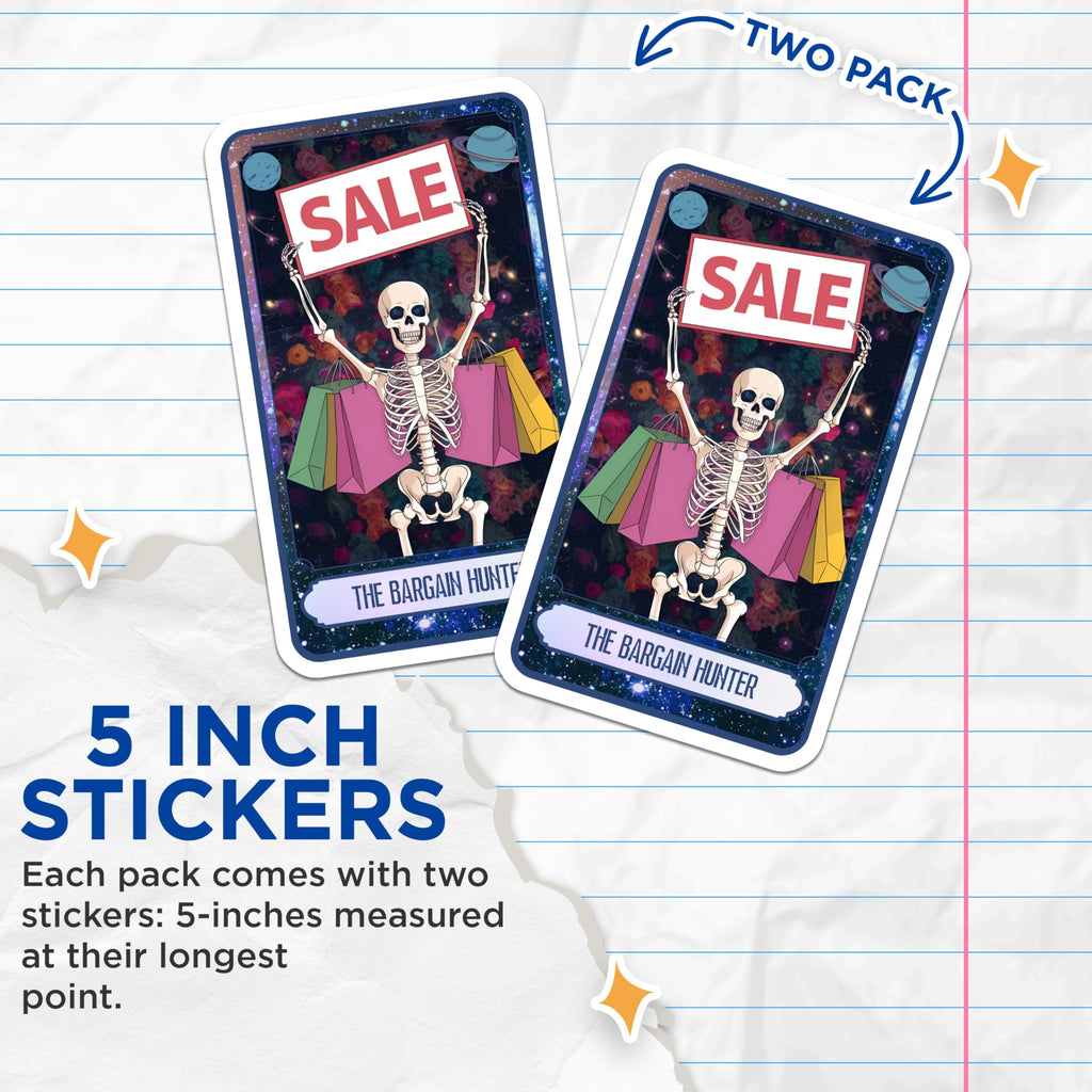 (2 Pack) Bargain Hunter Skeleton Stickers - Sale Skeleton Art - Halloween Shopper Stickers - 5" On Longest Side - Sticks to Smooth Flat Surfaces - Made in USA - BMCS9994