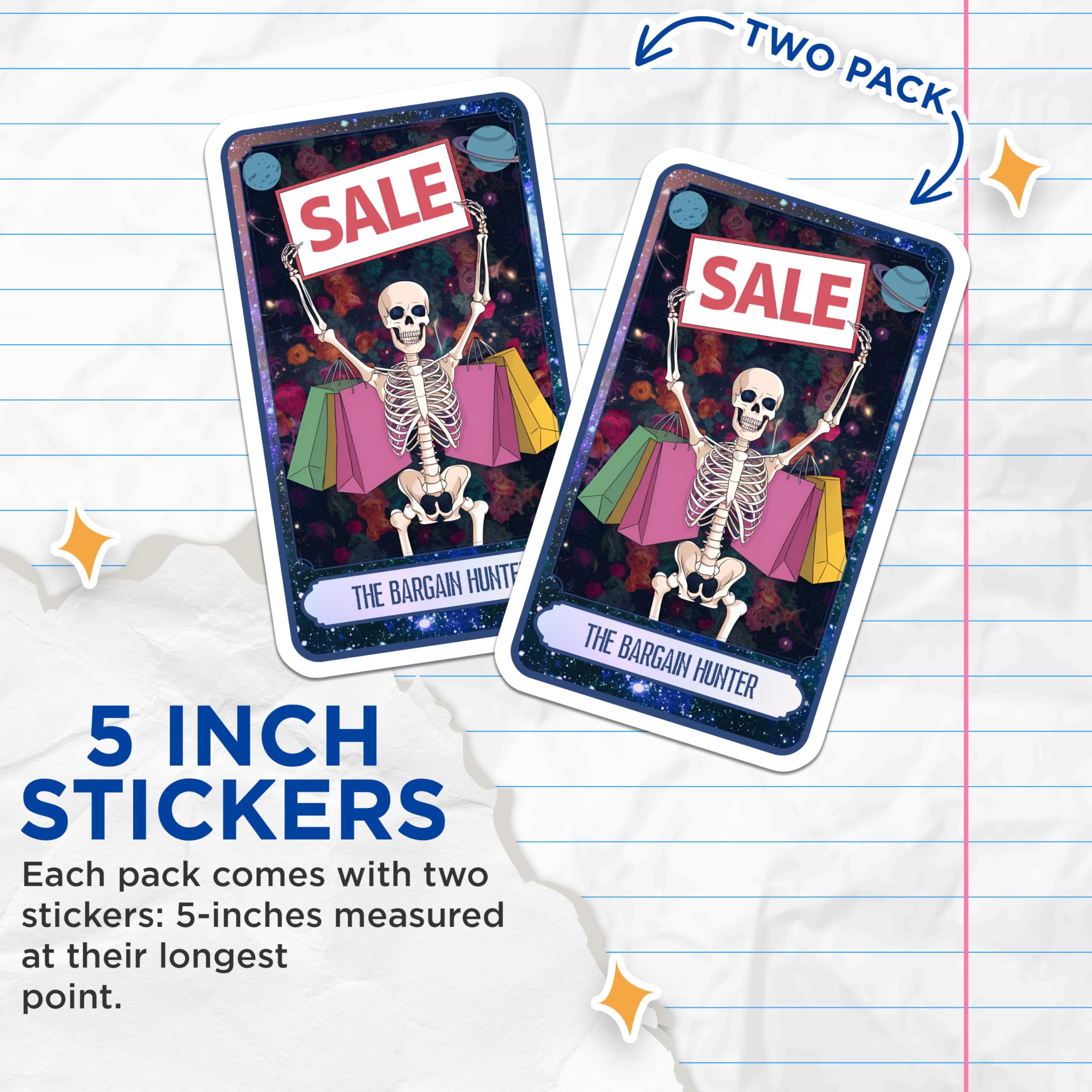 (2 Pack) Bargain Hunter Skeleton Stickers - Sale Skeleton Art - Halloween Shopper Stickers - 5" On Longest Side - Sticks to Smooth Flat Surfaces - Made in USA - BMCS9994