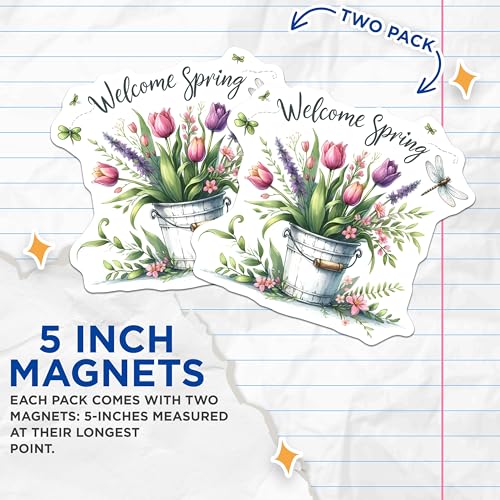 (2 Pack) Welcome Spring Magnets - Floral Bucket Design - Seasonal Home Decor - 5" On Longest Side - for Cars, Fridges, Toolboxes - Made in USA - MAG7996