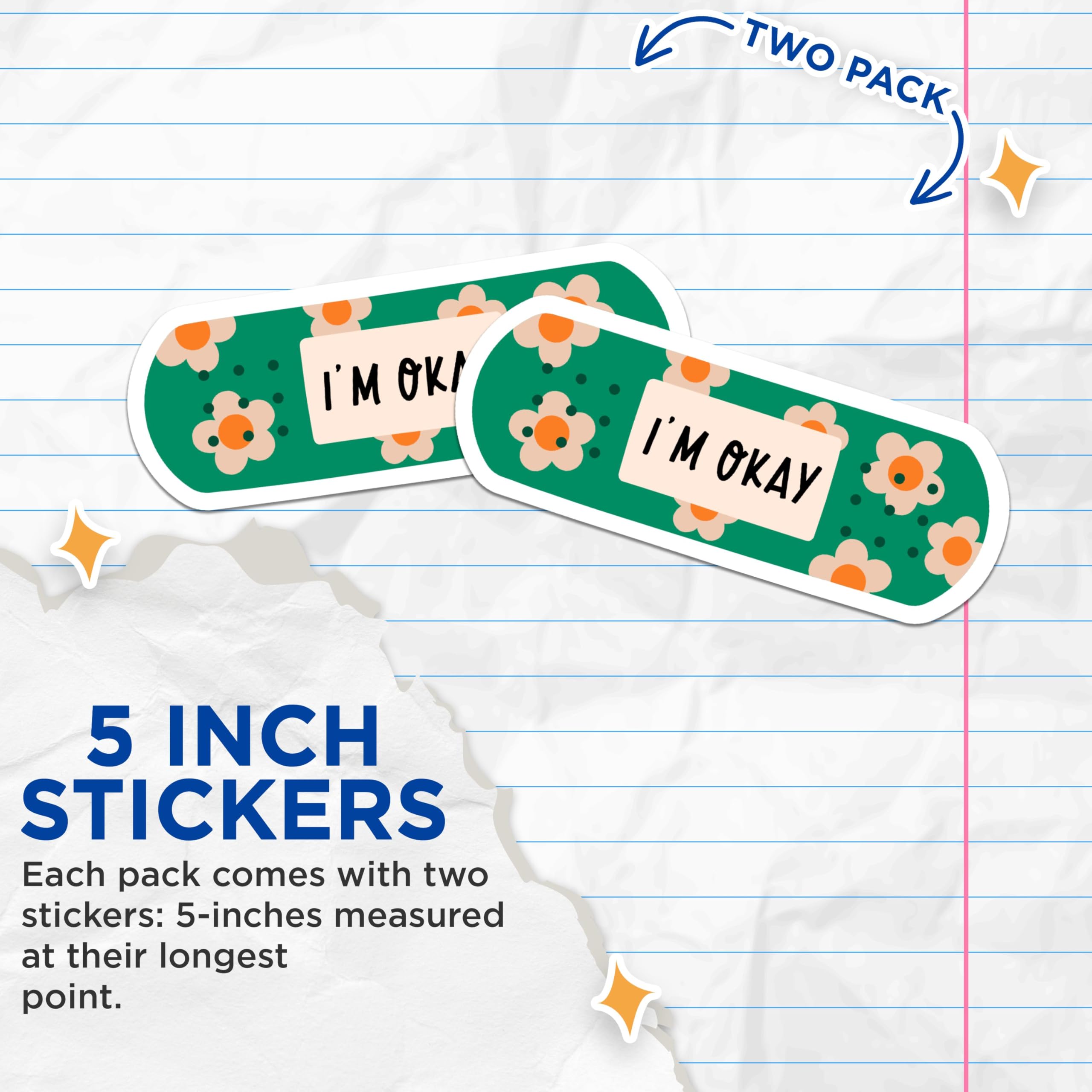 (2 Packs) I'm Okay Bandage Stickers - Positive Cute Motivating Decals - 5 Inches On Longest Side - Premium Vinyl Decal - Sticks to Any Smooth Flat Surface - Made in USA - BMCS2319