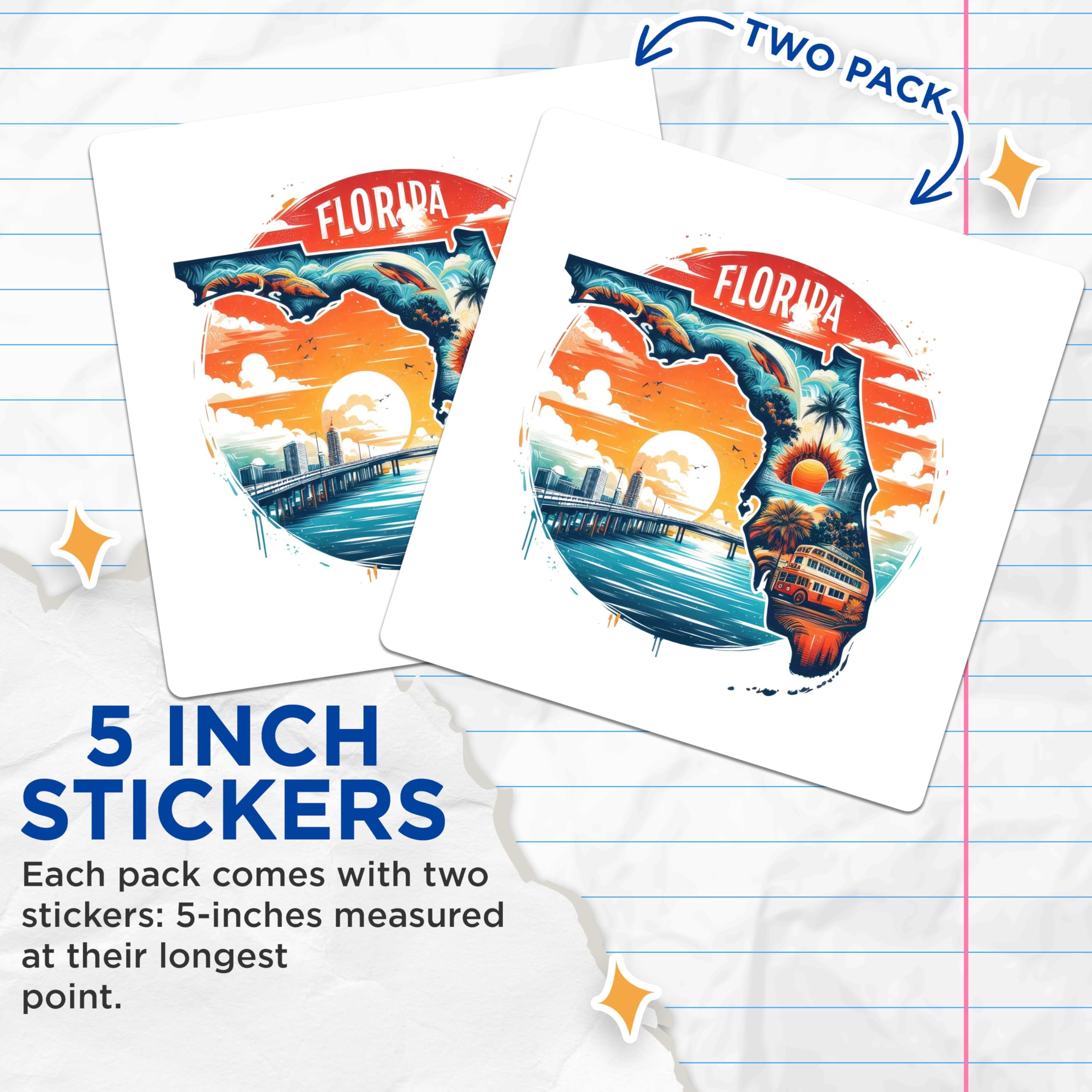 (2 Pack) Florida Travel Stickers - Colorful Florida Map - Sunshine State Vacation - Tropical Beach Palm Tree - 5" On Longest Side - Sticks to Smooth Flat Surfaces - Made in USA - BMCS4885