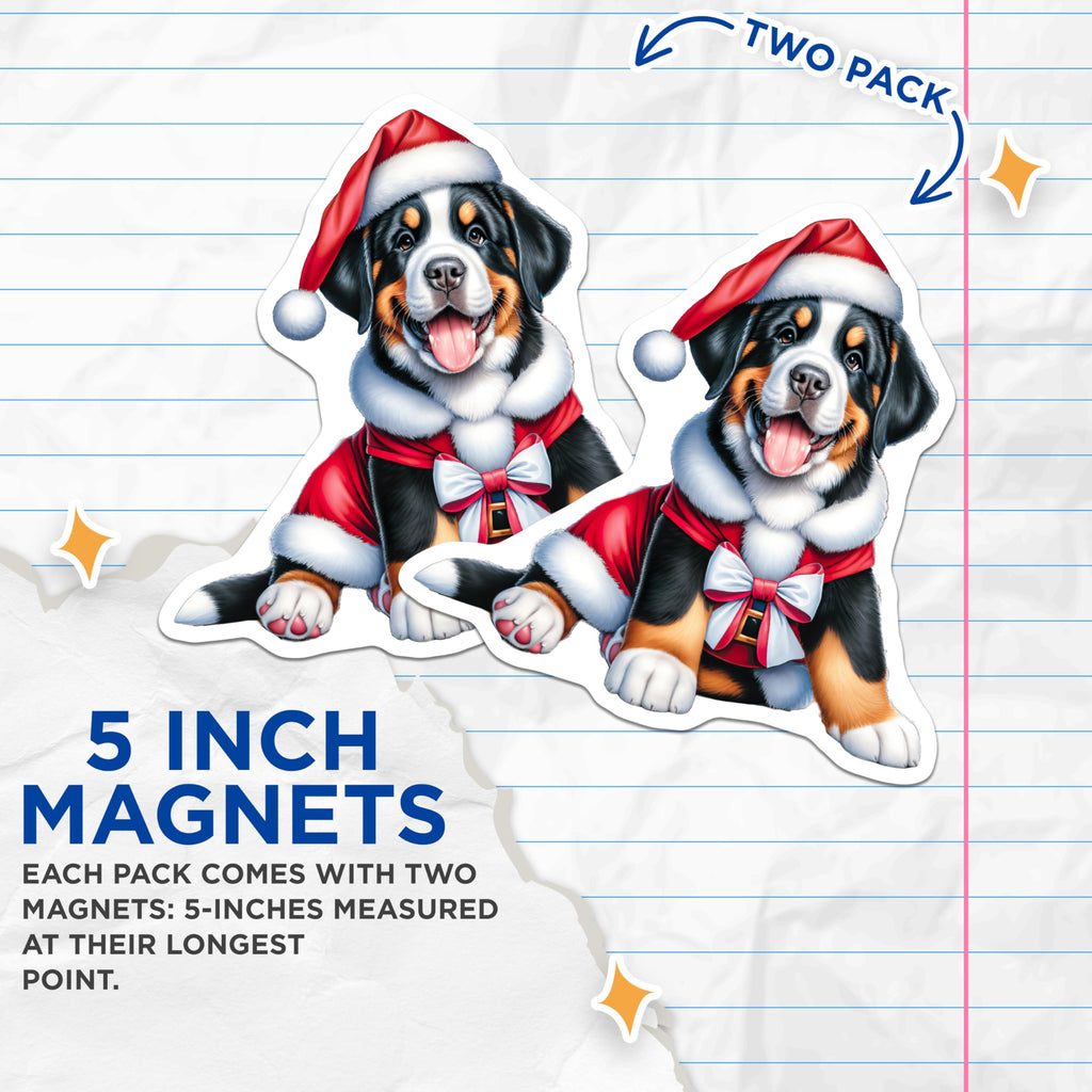 (2 Pack) Bernese Mountain Dog Puppies Magnets - Santa Dog Holiday Decor - Christmas Pet Lover Magnets - 5 Inches On Longest Side - Thick Durable Magnet - Made in USA - MAG27457