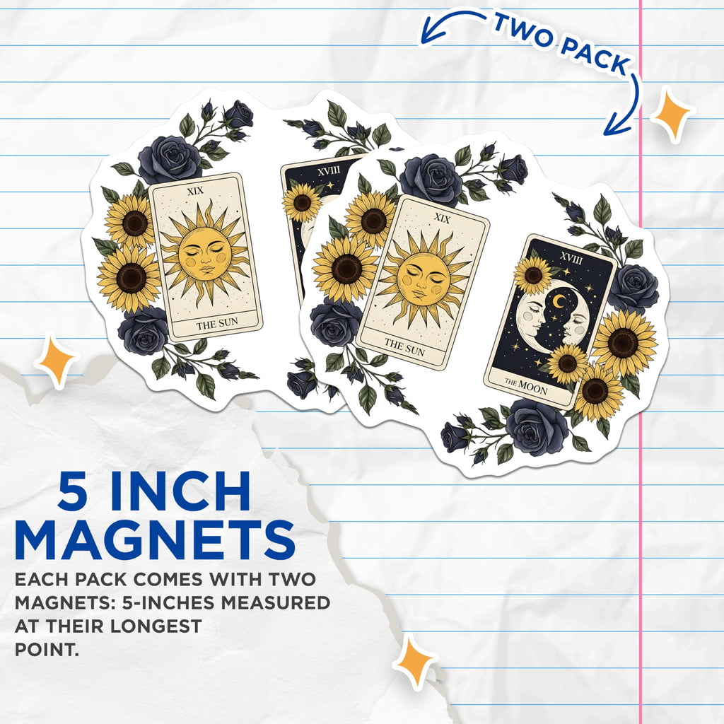 (2 Pack) Tarot Card Magnets - Sun and Moon - Witchy Decor Magnets - 5" On Longest Side - Premium Magnet - for Cars, Refrigerators, Toolboxes, Lockers - Made in USA - MAG18727