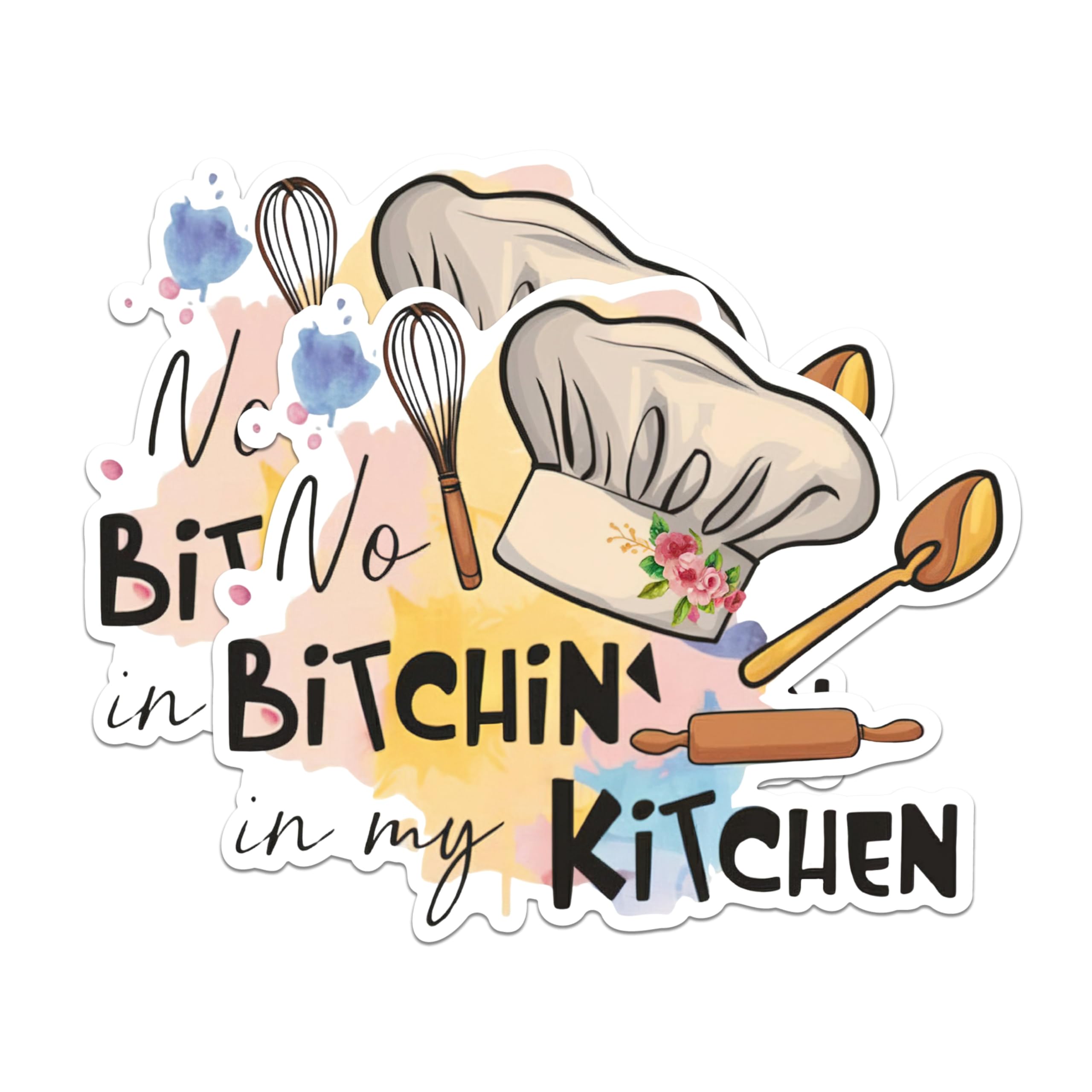 (2 Pack) Funny Kitchen Quote Stickers - Chef Hat Stickers - Cooking Theme Stickers - 5" On Longest Side - Sticks to Any Smooth Flat Surface - Made in USA - BMCS3015