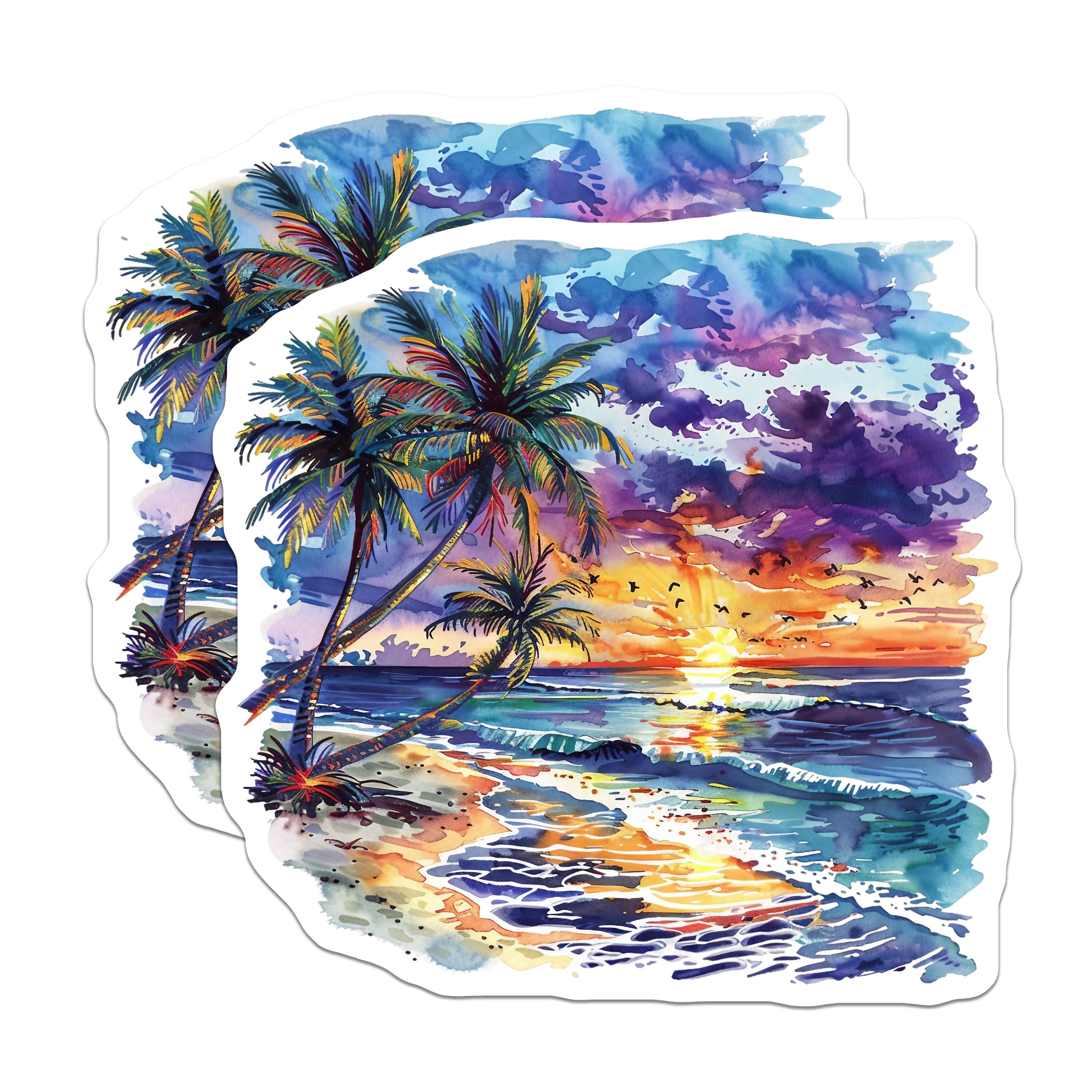(2 Pack) Tropical Sunset Magnets - Watercolor Beach Decor - Ocean Palm Tree Art - 5 Inches On Longest Side - Thick Durable Magnet - Made in USA - MAG38017