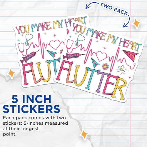 (2 Pack) You Make My Heart Flutter Stickers - Cute Heartbeat Sticker - Nurse Appreciation Decal - 5" On Longest Side - Sticks to Smooth Flat Surfaces - Made in USA - BMCS9133