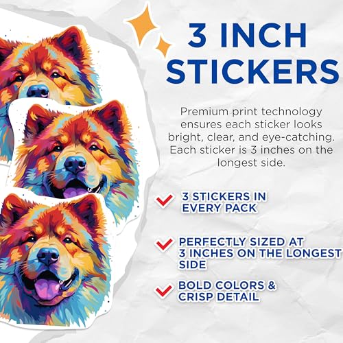 (3 Pack) Chow Chow Dog Decals - Colorful Dog Sticker - Laptop Decals - 3 Inches On Longest Side - Easy Peel & Apply - Made in USA - 3MCS0703