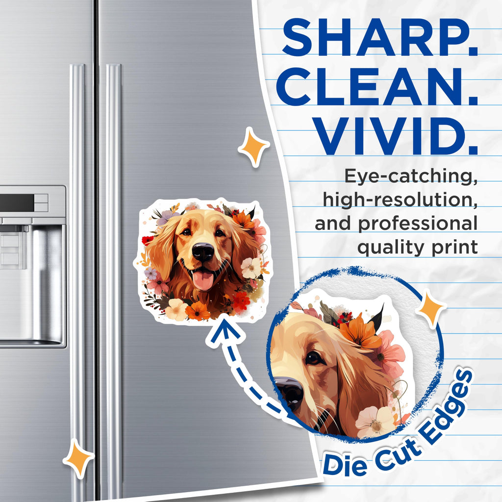 (2 Pack) Golden Retriever Magnets for Fridge - Floral Dog Art Decor - Adorable Pet Lover Kitchen Locker Display - 5 Inches On Longest Side - Thick Durable Magnet - Made in USA - MAG24037