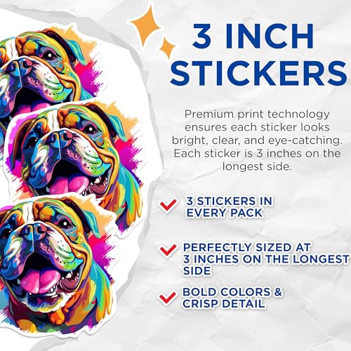 (3 Pack) Bulldog Decals - Colorful Dog Stickers - Laptop Decal for Dog Lovers - 3 Inches On Longest Side - Easy Peel & Apply - Made in USA - 3MCS0674