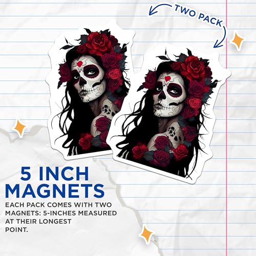 (2 Pack) Day of The Dead Skull Magnets Magnets - 5" On Longest Side - Made in USA - Sticks to Refrigerators & Metal Surfaces - MAG9204