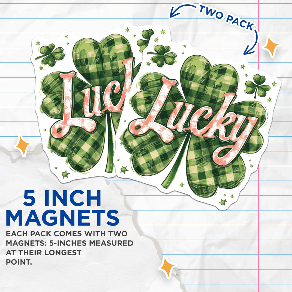 (2 Pack) Lucky Shamrock Magnets - St Patricks Day Decor - Green Plaid Clover Magnets - 5 Inches On Longest Side - Thick Durable Magnet - Made in USA - MAG20052