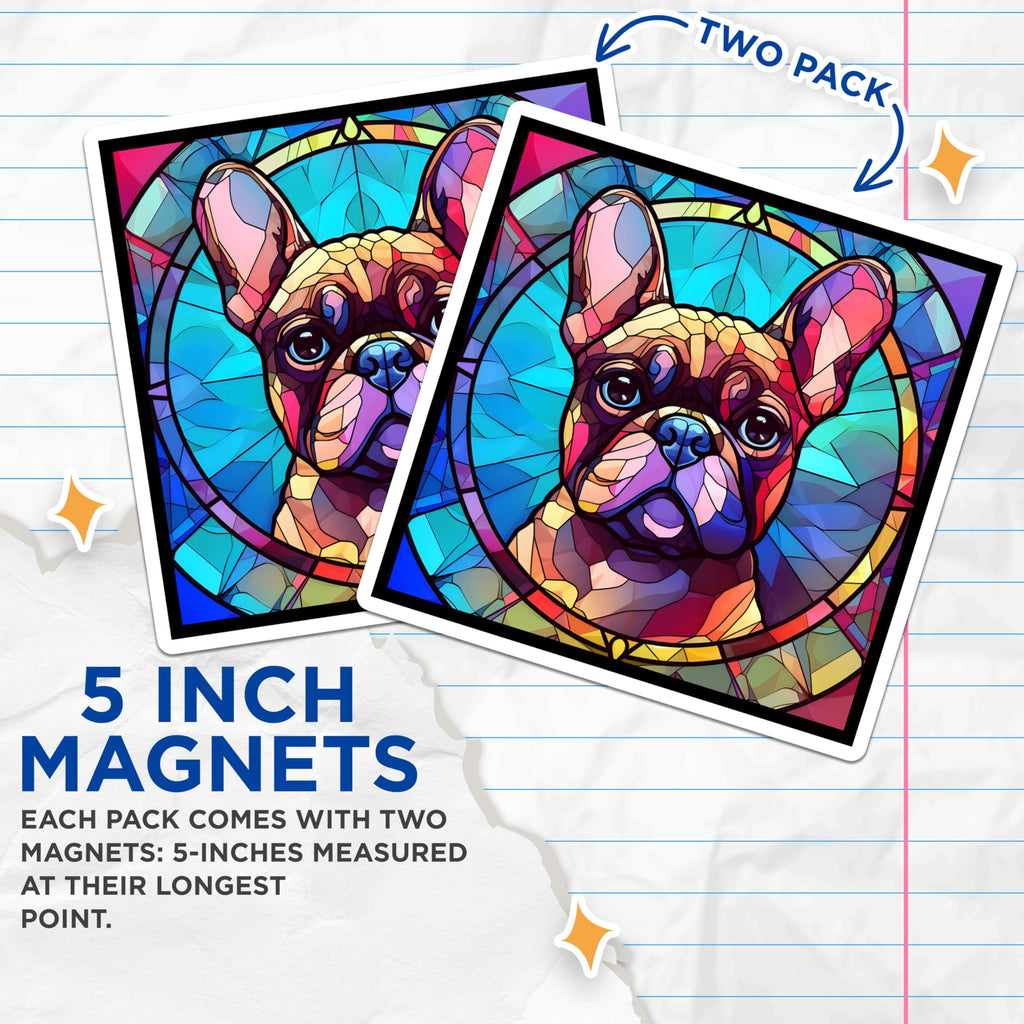 (2 Pack) French Bulldog Magnets - Stained Glass Dog - Artistic Home Decor - 5" On Longest Side - Premium Magnet - for Cars, Refrigerators, Toolboxes, Lockers - Made in USA - MAG16301