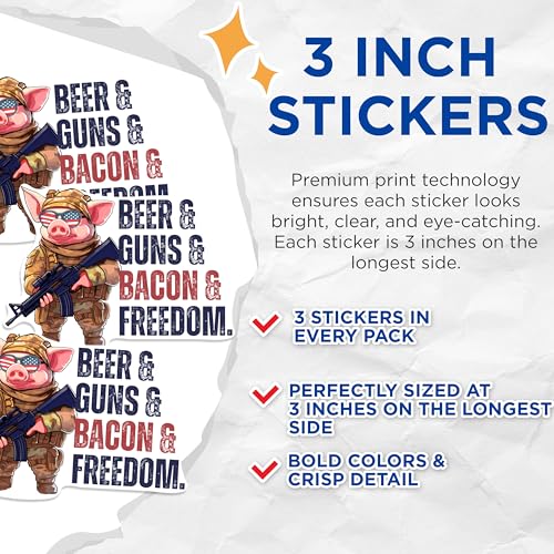 (3 Pack) Patriotic Pig Decals - Beer Guns Bacon - Funny Laptop Decals - 3 Inches On Longest Side - Easy Peel & Apply - Made in USA - 3MCS1085