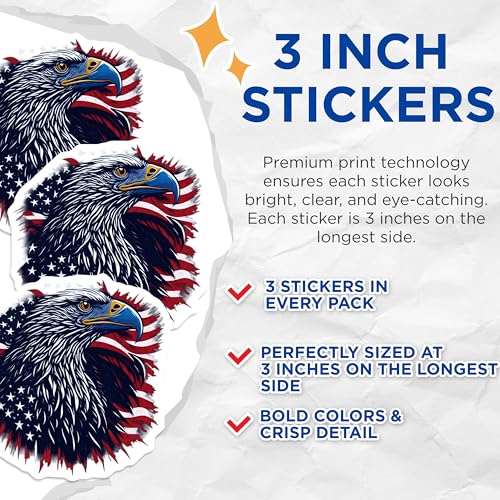 (3 Pack) American Eagle Decals - Patriotic Eagle - USA Flag Decals- 3 Inches On Longest Side - Easy Peel & Apply - Made in USA - 3MCS5528
