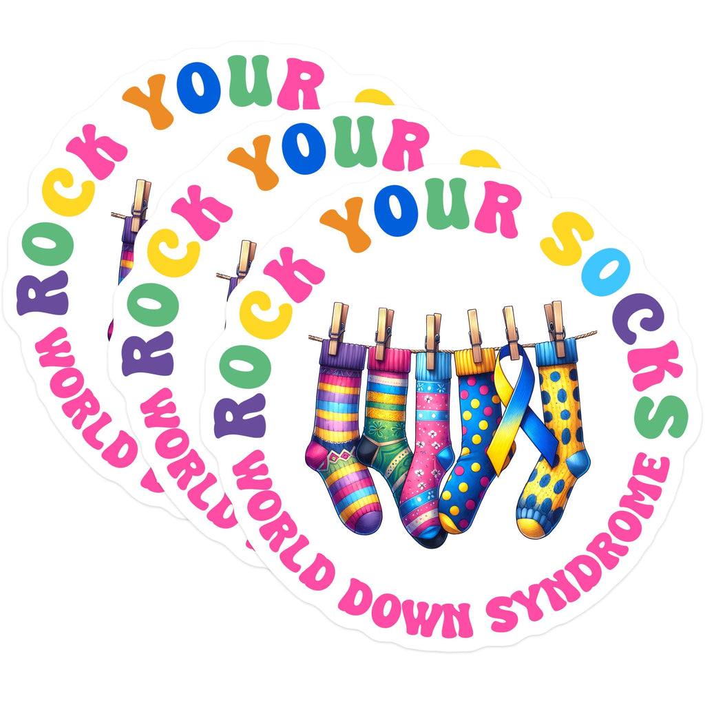 (3 Pack) Down Syndrome Awareness Decals - Rock Your Socks World - Special Needs Supporter - 3 Inches On Longest Side - Easy Peel & Apply - Made in USA - 3MCS6959