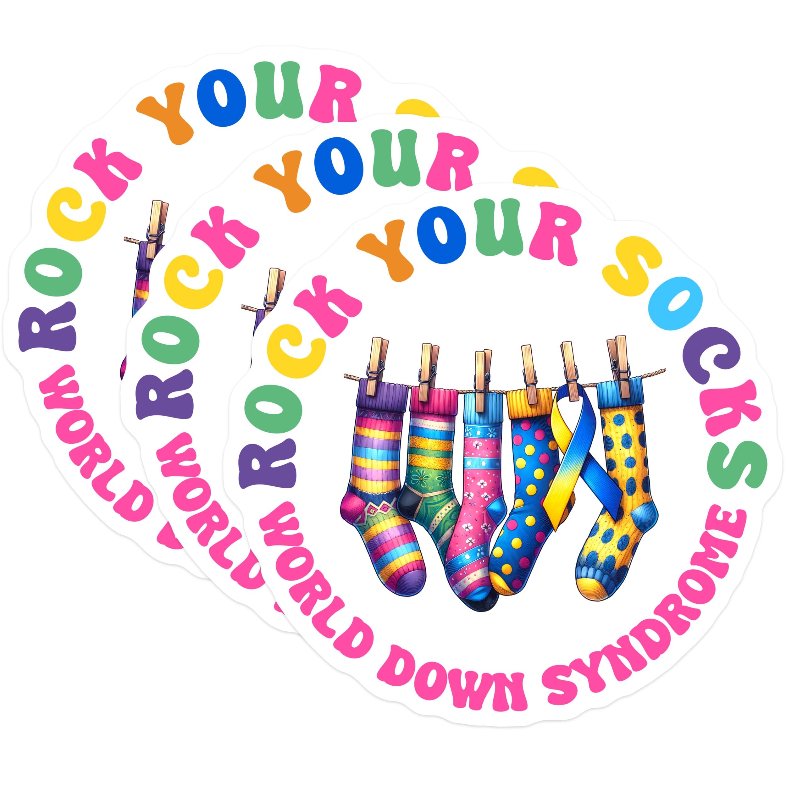(3 Pack) Down Syndrome Awareness Decals - Rock Your Socks World - Special Needs Supporter - 3 Inches On Longest Side - Easy Peel & Apply - Made in USA - 3MCS6959