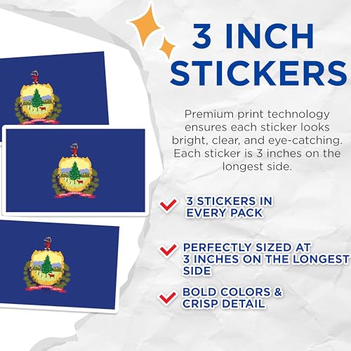 (3 Pack) Vermont Flag Decals - US State Seal - Laptop Decals - 3 Inches On Longest Side - Easy Peel & Apply - Made in USA - 3MCS0217