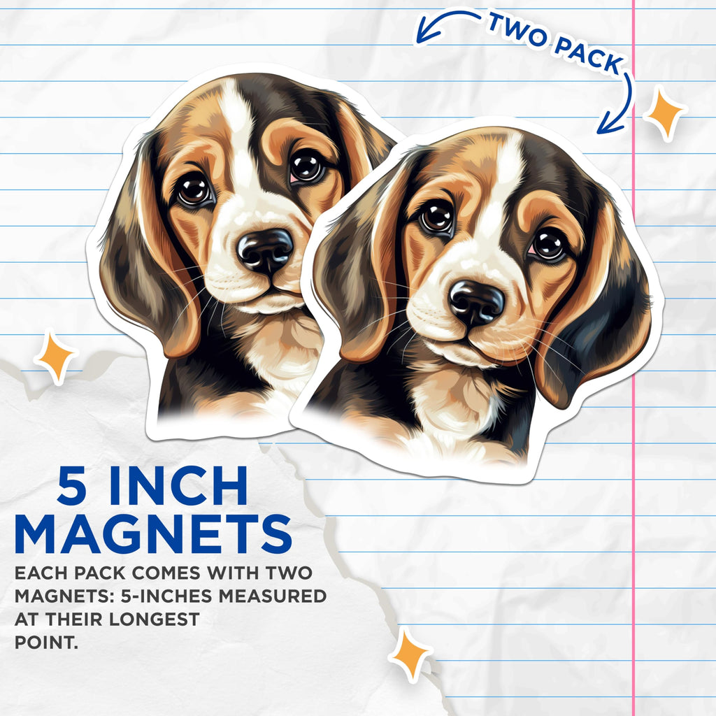(2 Pack) Cute Beagle Puppy Magnets - Dog Lover Kitchen Decor - Pet Parent Refrigerator Art - 5 Inches On Longest Side - Thick Durable Magnet - Made in USA - MAG26532
