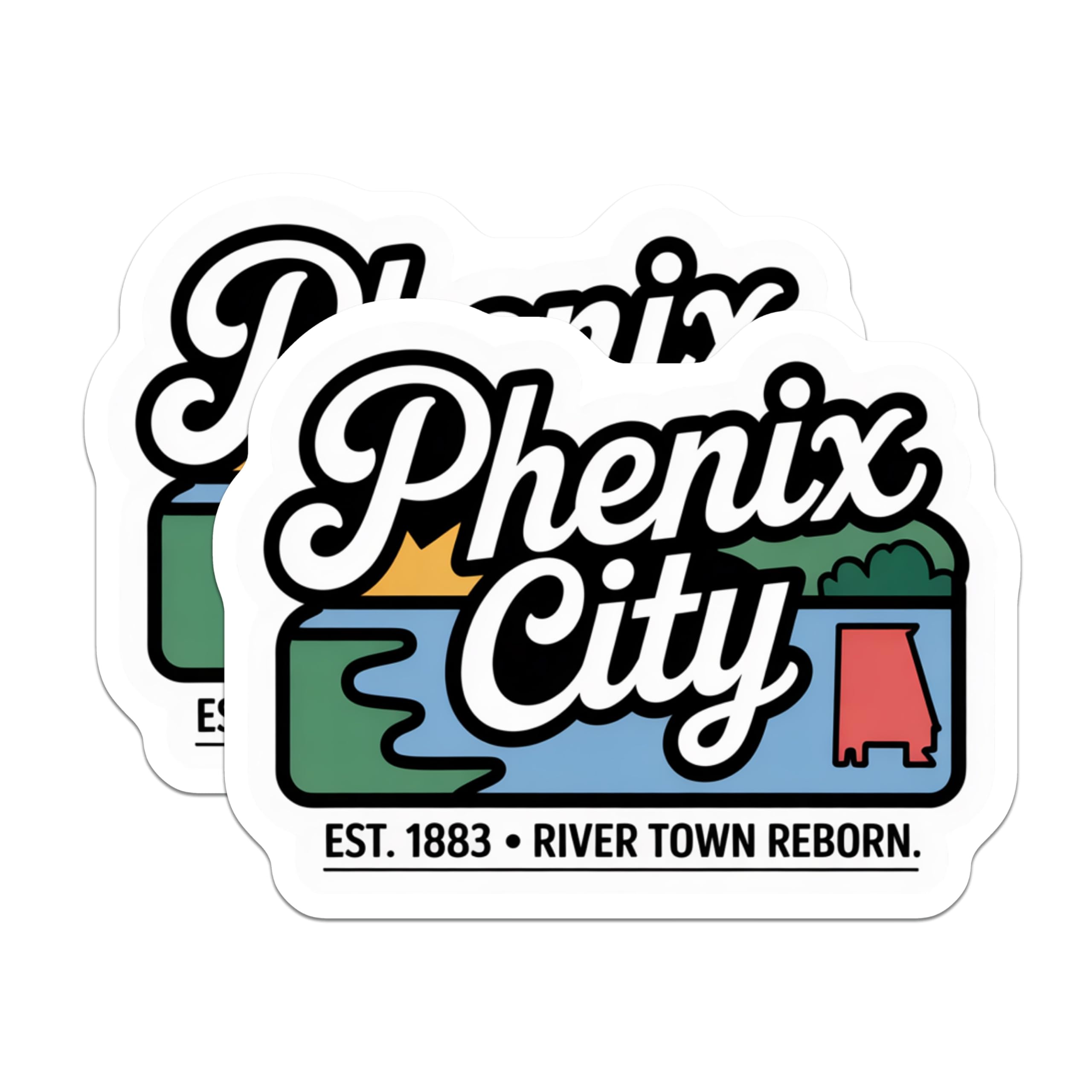 (2 Pack) Phenix City Alabama Magnets - River Town Reborn Commemorative Decor - Established 1883 Souvenir for Residents - 5 Inches On Longest Side - Thick Durable Magnet - Made in USA - MAG19327