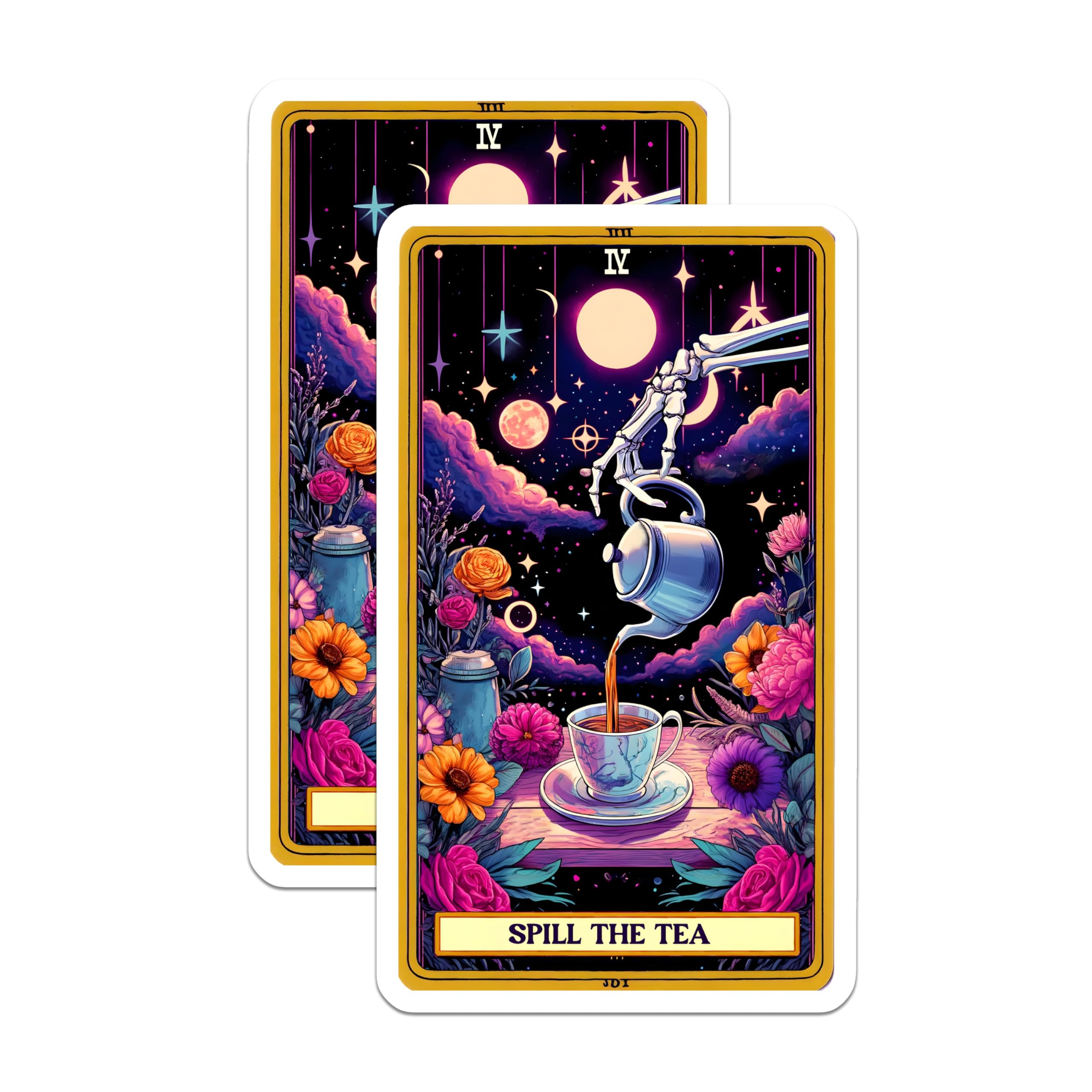 (2 Pack) Spill The Tea Magnets - Mystical Skeleton Hand Teacup - Celestial Tarot Card Cosmic Floral Night Sky Decor - 5 Inches On Longest Side - Thick Durable Magnet - Made in USA - MAG24502