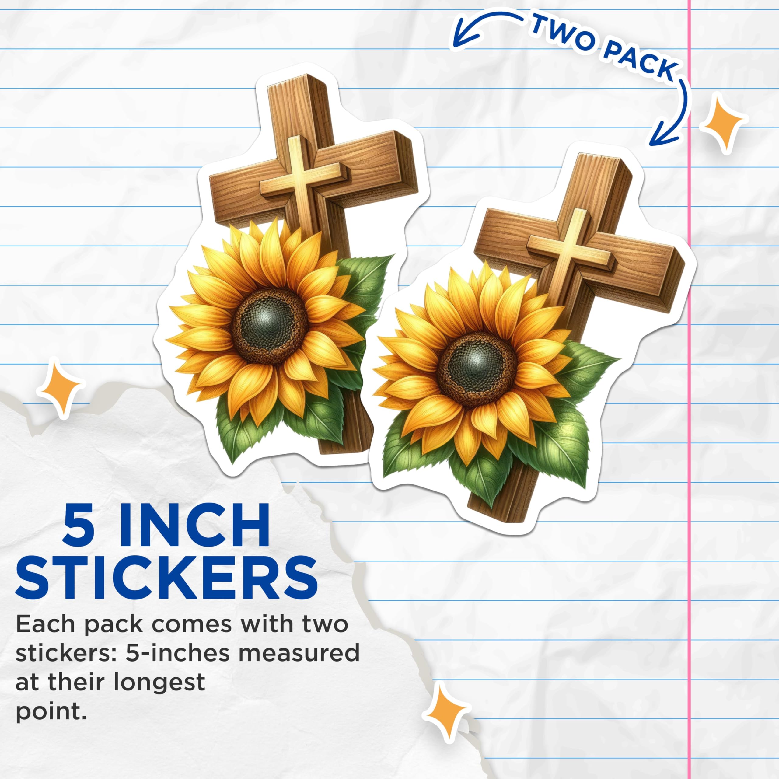 (2 Pack) Sunflower Cross Stickers - Religious Sunflower Decal - Christian Faith Flower Sticker - 5" On Longest Side - Sticks to Smooth Flat Surfaces - Made in USA - BMCS5333