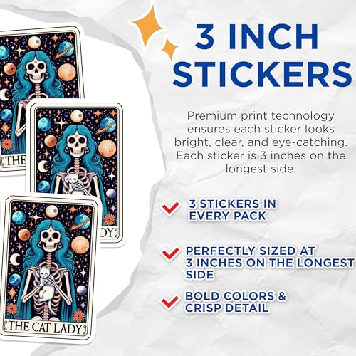(3 Pack) Cat Lady Tarot Decals - Spooky Skeleton - Halloween Decals - 3 Inches On Longest Side - Easy Peel & Apply - Made in USA - 3MCS4132