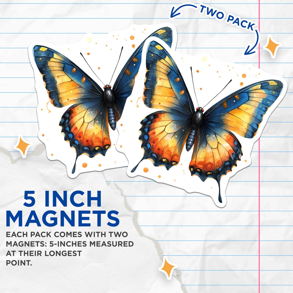 (2 Pack) Watercolor Butterfly Magnets - Vibrant Nature Art - Aesthetic Fridge Decor - 5 Inches On Longest Side - Thick Durable Magnet - Made in USA - MAG27007