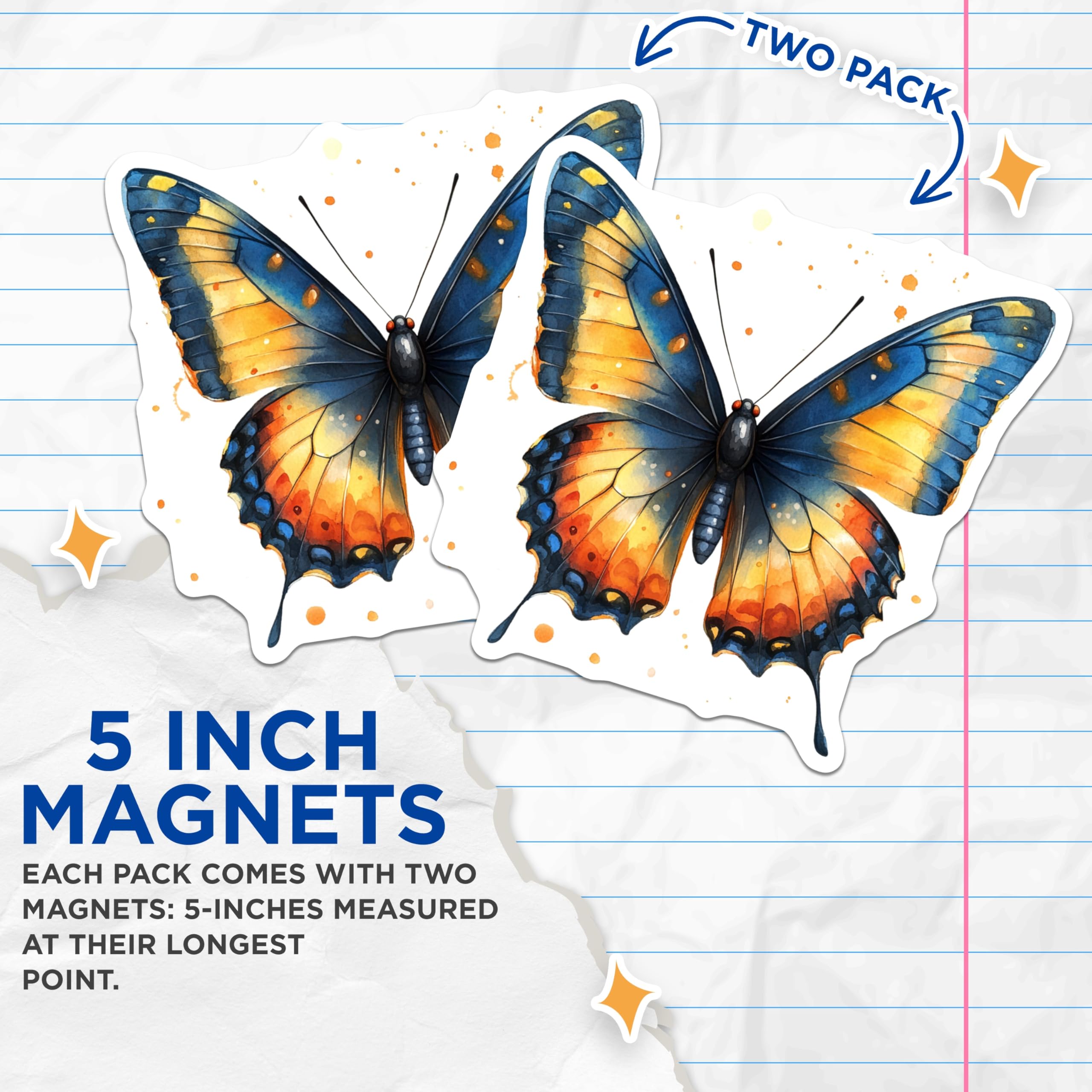 (2 Pack) Watercolor Butterfly Magnets - Vibrant Nature Art - Aesthetic Fridge Decor - 5 Inches On Longest Side - Thick Durable Magnet - Made in USA - MAG27007