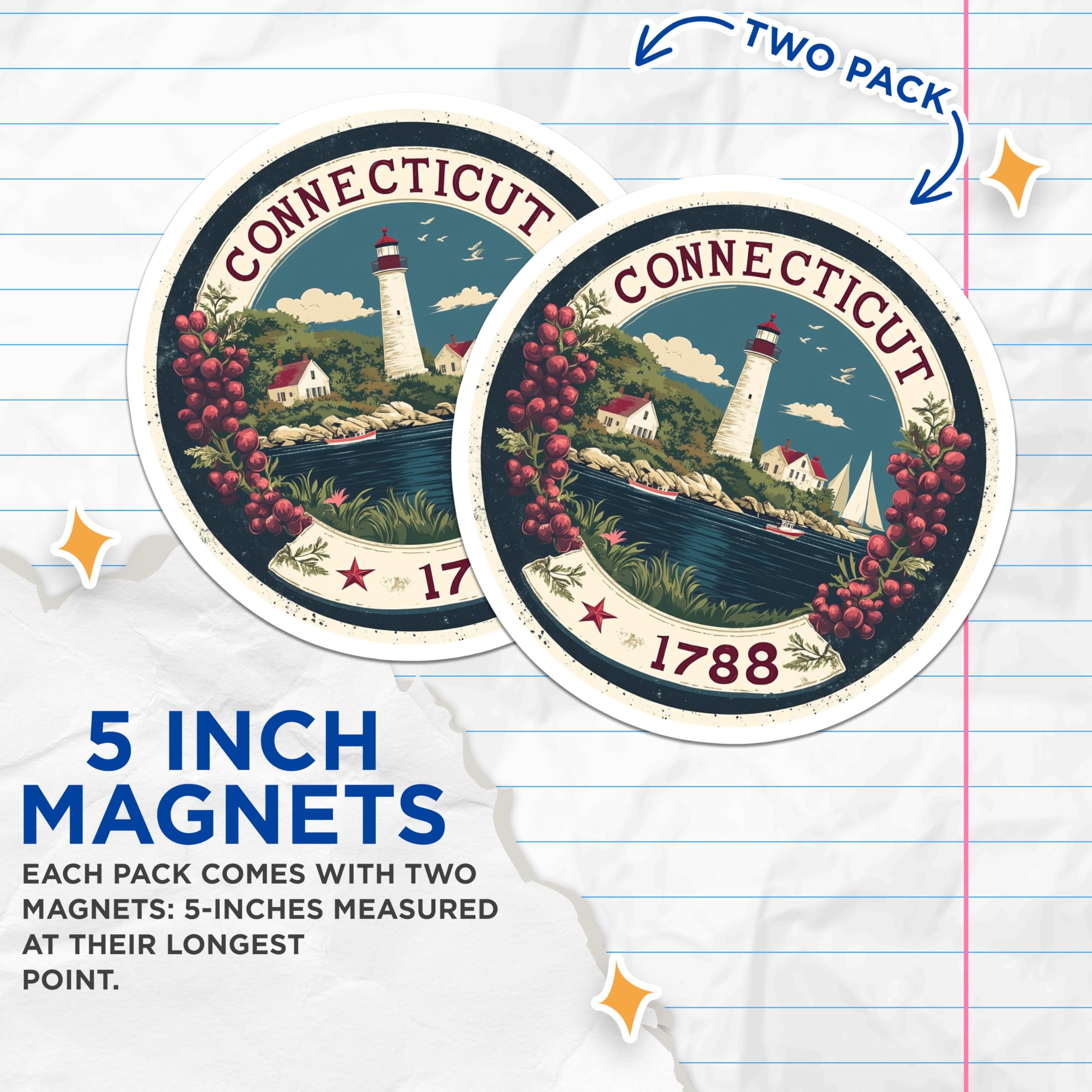 (2 Pack) Connecticut State Magnets - Lighthouse Seascape Souvenir - Travel Home Decor - 5" On Longest Side - Premium Magnet - for Cars, Refrigerators, Toolboxes, Lockers - Made in USA - MAG15259